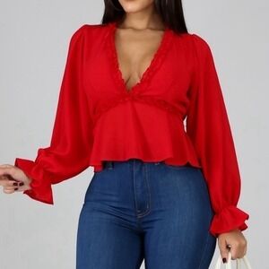 FAVLUX Red Peplum Blouse Long Sleeve Deep V-Neck Ruffle Top Size Small NWT‎